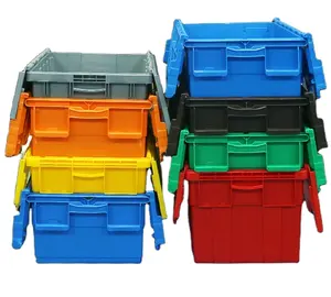 Hot sale plastic tote box stacking crates 60L 15gallon wholesale moving hinge lids boxes