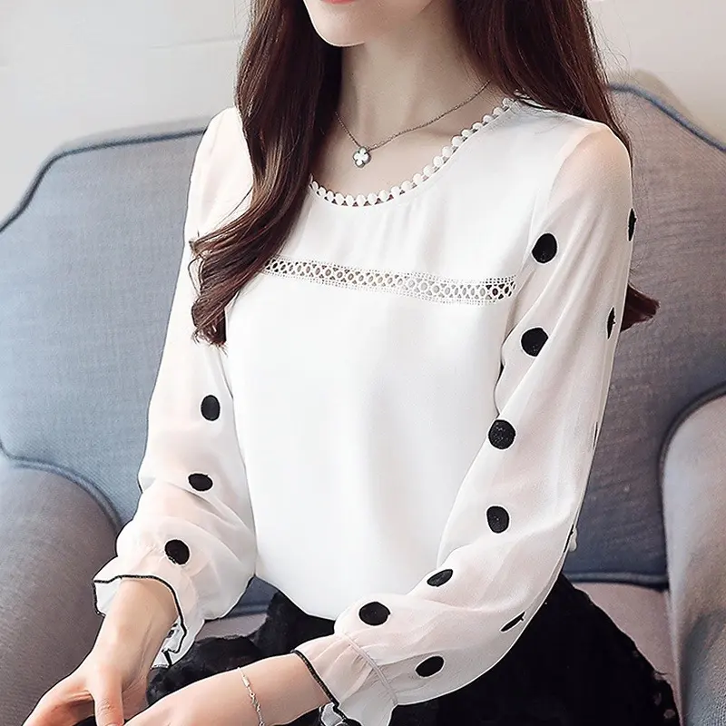 Long Sleeve Women Blouse Shirt Fashion Chiffon Women's Clothing Sweet O-neck Black Dot White Feminine Tops Blusas