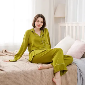 Customized Ladies Button Down Pjs Loungewear 2pcs Female Soild Silk Like Satin Pajamas Set Women Sleepwear