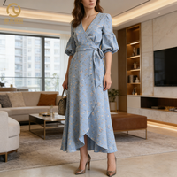 Robe pour femme en lin pur, col en V, manches bouffantes, style tendance 2026, de haute qualité, sur mesure, usine de vêtements, grossiste de mode