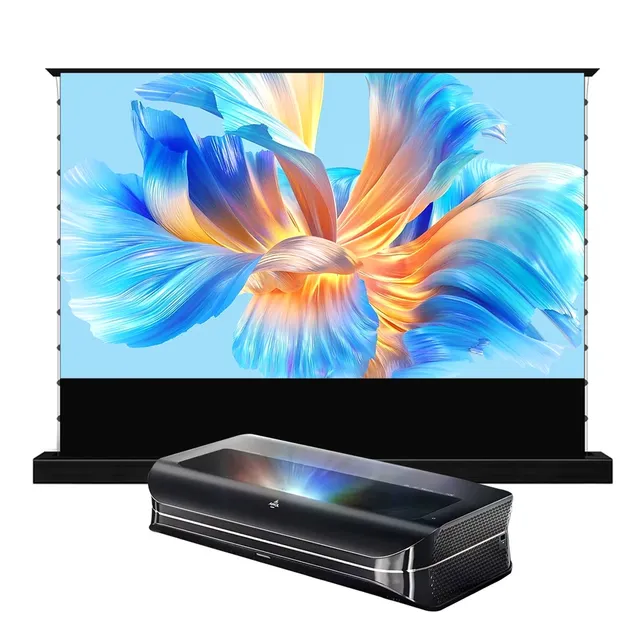 LTV-3000 Pro 4K Triple Ultra Short Throw Laser Projector W Motorized Tension Floor Rising ALR Perforated Screen 3D