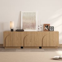 Meuble TV modulaire AJUNION en placage de chêne naturel, portes cintrées, console multimédia en MDF, étagère réglable, 3 armoires, mobilier d'hôtel en gros