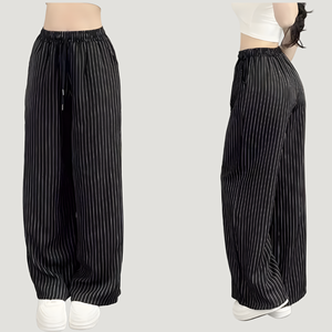 Pantalon décontracté rayé pour femme OEM, taille élastique avec cordon de serrage, coupe ample, long, en tissu respirant - Product Image 6