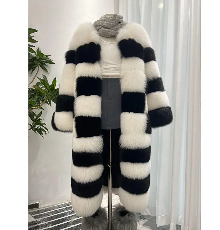 New black and white striped fur coat for women's winter warmth, real fox fur coat for warmth, medium length women's coat