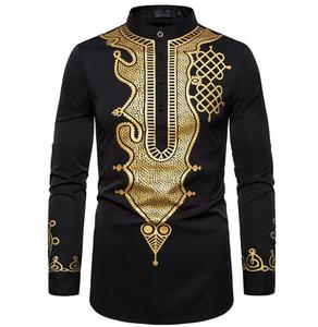 Abbigliamento da uomo africano Slim Fit all'ingrosso camicie musulmane tradizionali da uomo a maniche lunghe stampate dorate blu Navy nere - Product Image 6