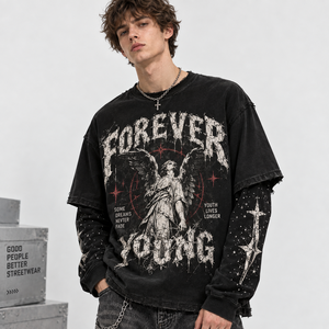 <b>T</b>-<b>Shirt</b> Vintage Washed Angel Graphic Tee Oversized Boxy Fit Layered <b>Long</b> Sleeve Distressed Streetwear Private Label <b>Men</b> <b>T</b> <b>Shirt</b> - Product Image 2
