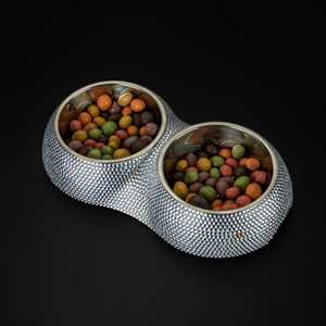 Bols pour animaux de compagnie en acier inoxydable avec strass cloutés, double couche, double compartiment pour nourriture et eau, design luxueux et brillant pour chiots et chats - Product Image 1