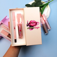 Kit de Maquillage Lèvres Effet Miroir Brillant : Crayon Contour des Lèvres, Rouge à Lèvres Liquide Longue Tenue Imperméable avec Lumière LED, Cosmétique Nude