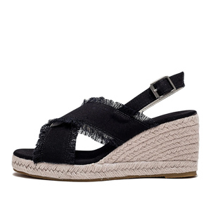 Sandales <span class=keywords><strong>compensées</strong></span> en toile noire effilochée pour femme, avec bride croisée effilochée et boucle, style espadrille à plateforme en jute - Product Image 4