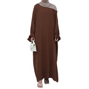 Women's Modest Abaya Long Sleeve Floor-Length Dress High <b>Neck</b> Solid Rayon Breathable Dropped Waistline Straight Modest Abaya - Product Image 1