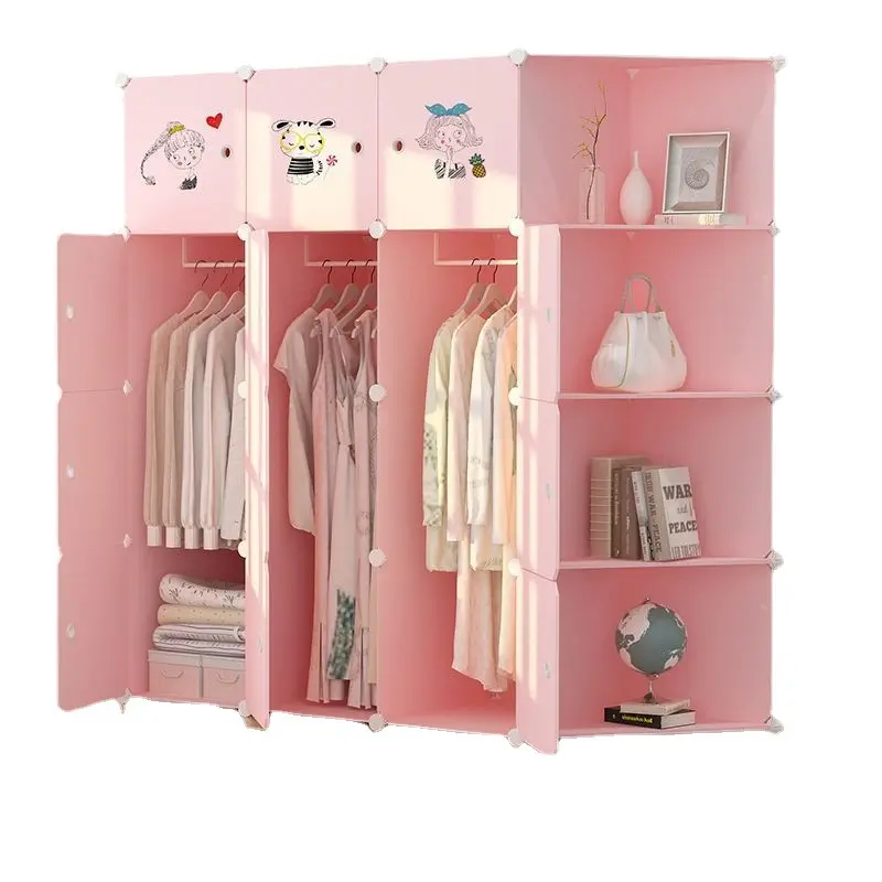 Simple wardrobe assembly modern children's cloth bedroom furniture solid wood steel pipe thickened storage cabinet