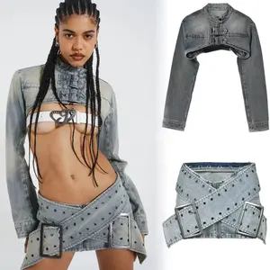 Chất Lượng Cao Sexy Y2K Quần Áo Phụ Nữ Cổ Điển Denim Crop Top Áo Khoác Và Micro Mini Váy Phù Hợp Với Jaded London Jeans