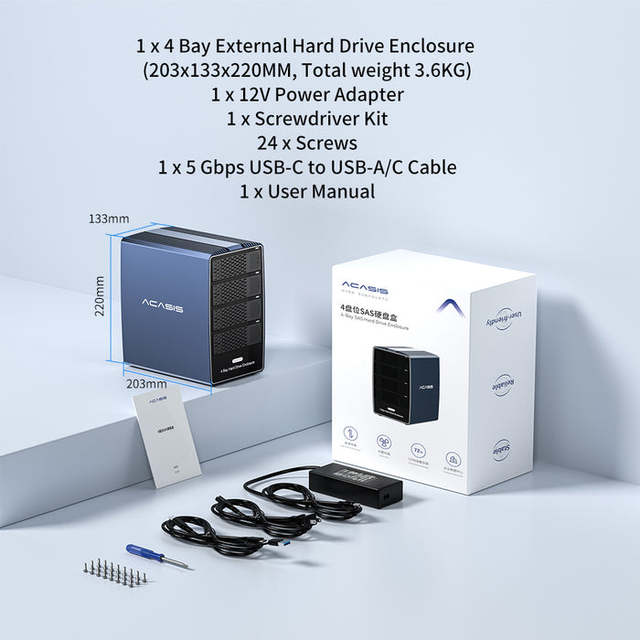 4 Bay 3.5 Inch SAS SATA SSD HDD Enclosure Tool Free USB 3.2 5Gbps Type C External Hard Drive Case 4x30TB Aluminum Alloy