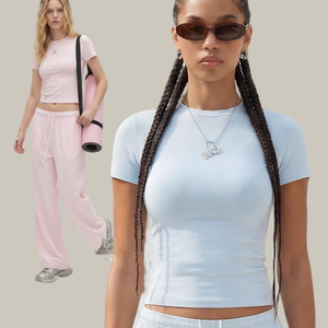 Ensemble décontracté pour femmes RUICHI, tenue d'été en coton et élasthanne, haut à manches courtes à épaules dénudées de couleur unie et pantalon droit ajusté - Product Image 4