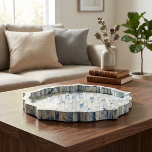 Bandeja para servir con incrustaciones de hueso redondo de sombra azul hecha a mano, decoración de boda elegante y servin - Product Image 1
