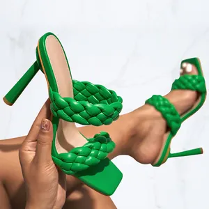 Yeşil yüksek topuklu 2023 yeni stok kaynağı yüksek topuk örme moda stil şerit kadın ayakkabısı 42