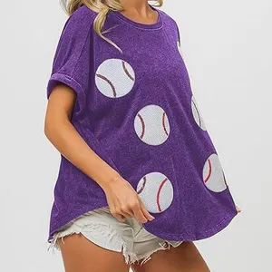 Neues Produkt Säuregewaschen Pailletten-T-Shirt für Damen Übergröße Kurzarm Mode Strass Rundhalsausschnitt individuelle Übergröße T-Shirts
