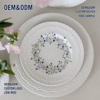 Service de Table en Porcelaine Gaufrée Style Vintage Français, Motif Floral Gris et Bleu, Assiettes, Bols et Tasses à Thé en Céramique pour Mariage et Maison – Vente en Gros
