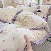 Ensembles de literie à volants en dentelle super douce avec motif floral imprimé en forme de nuage à double couche de fil 4 pièces