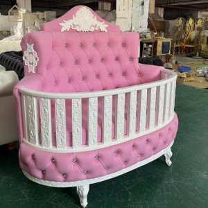 Cuna Ovalada de Madera para Bebés, Niños y Niñas, Estilo Trono Real Infantil de Lujo en Blanco y Dorado, Muebles para Bodas - Product Image 5