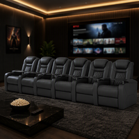 Canapé inclinable moderne en bois pour home cinéma avec éclairage d'ambiance, table-bac, inclinable électriquement, mousse à mémoire de forme, revêtement en cuir véritable