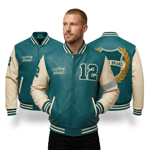 Veste universitaire personnalisée pour homme, vert crème, brodée, style 12 Letterman, tenue preppy d'automne - Product Image 1