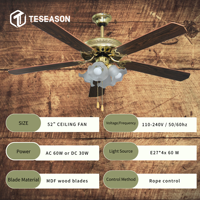 Ventilateur de plafond TS52-5C4L 52 pouces avec lumière |   5 pales en MDF, 4 supports de lampe E27, commande par cordon, AC60W DC30W 110-240V