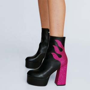 Botines de Plataforma para Mujer con Punta Redonda y Diseño de Retazos Brillantes, Botines de Tobillo con Cremallera Lateral y Tacón Grueso Alto, Zapatos Personalizados - Product Image 1