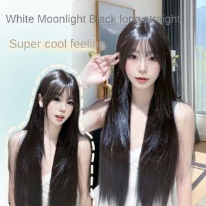 Perruque complète noire longue et droite, fabriquée à la machine, style doux, pour <span class=keywords><strong>femme</strong></span>, <span class=keywords><strong>avec</strong></span> <span class=keywords><strong>frange</strong></span> <span class=keywords><strong>mi</strong></span>-longue, effet naturel et volumineux, idéale pour le quotidien - Product Image 2