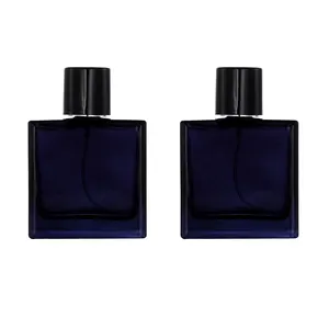 Bouteille en verre pour parfum, logo imprimé personnalisé, coffret carré, bleu, pochette de luxe, 30/50/100ml, vente en gros