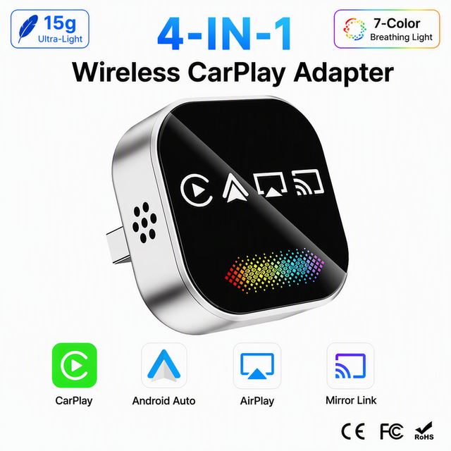 Silver Breathing LED 4 in 1 CarPlay Adapter Wireless Android Auto AirPlay Mirror Link USB-C Dongle with Colorful Ambient Light