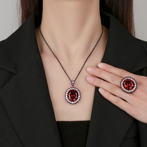 Vintage Eco-friendly Copper 18*20mm Red Zircon High Quality Black Gold Plated Necklace and <b>Ring</b> <b>Set</b> for <b>Women</b> - Product Image 6