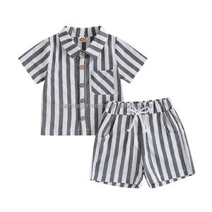 Vêtements Private Label pour Bébés Garçons Filles en <span class=keywords><strong>Lin</strong></span> Coton Rayé avec Boutons Top Shorts Ensemble de Vêtements pour Tout-petits 1 Pièce - Product Image 3