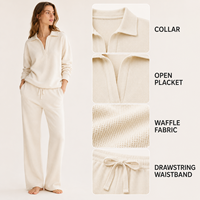 Ensemble décontracté deux pièces pour femme OEM : Pull à col en V double aiguille motif gaufré et pantalon large à cordon élastique