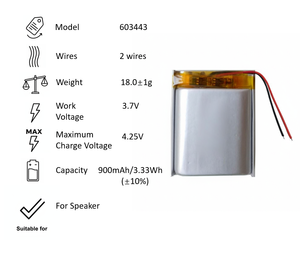 Baterai litium polimer 603443-<span class=keywords><strong>2</strong></span>, baterai pengganti <span class=keywords><strong>2</strong></span> kabel 900mAh 3.7V 603443, baterai Speaker isi ulang kapasitas tinggi - Product Image 3