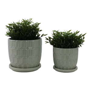 Set di Vasi in Ceramica con Sottovaso, Design Texturizzato per Uso Interno ed Esterno, Fioriere Rotonde - Product Image 2