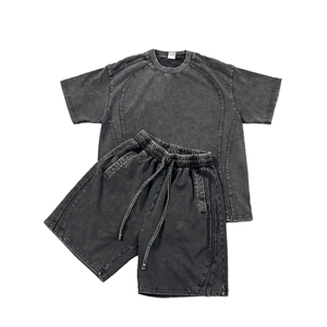 Conjunto de Camiseta y Pantalones Cortos de Moda Unisex, 100% Algodón, Tejido de 350 g/m², Lavado Ácido, Estilo Urbano, con Logotipo Personalizado para Verano - Product Image 1