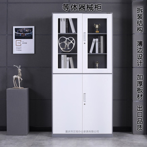 Archivador de Bordes Delgados de 4 Niveles con Doble Puerta y Cerradura, Mueble de Almacenamiento para Oficina, Diseño de Puerta de Vidrio con Recubrimiento en Color Gris Blanco - Product Image 1