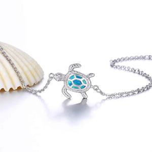 Tobillera personalizable de Plata de Ley 925, joyería de playa, brazalete con cadena de ópalo de fuego y tortuga marina - Product Image 2