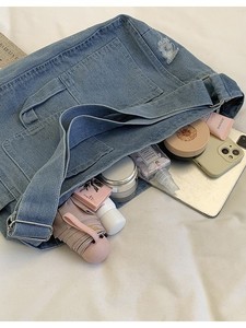 Sac fourre-tout en jean bleu uni vintage avec fermeture à bouton pour les filles coréennes et les étudiantes - Utilisation quotidienne et voyage - Product Image 3