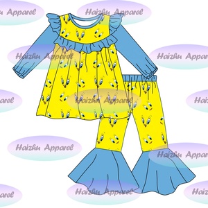 Bc1-10 Servicio OEM al por Mayor, Pantalones de Campana con Volantes de Manga Larga para Bebés Niñas, Conjunto de 2 Piezas con Patrón Personalizado - Product Image 1
