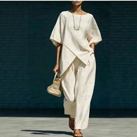 Ensemble de mode printemps-automne : Blouse asymétrique à manches courtes et pantalon large, tenue deux pièces