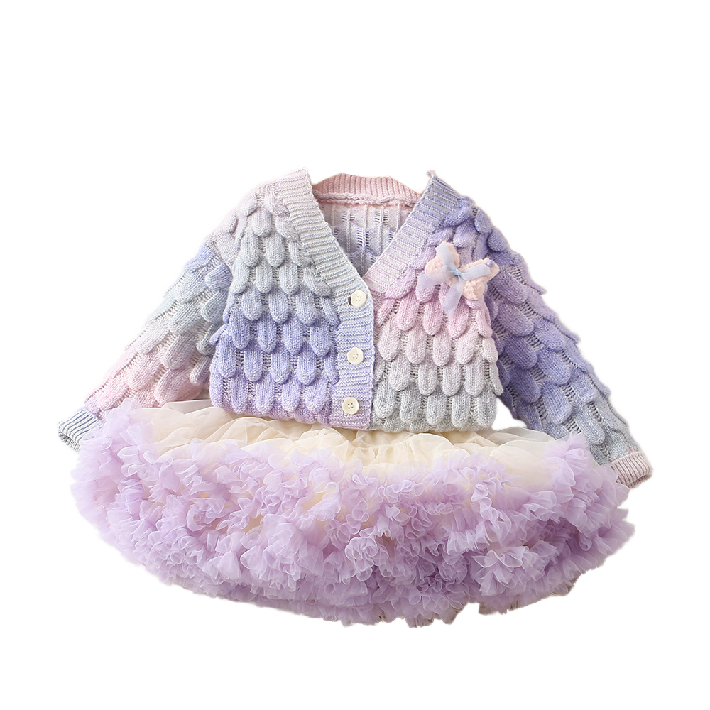 2024 Autumn/Winter Organic Cotton Cardigan Sweater for Girls Rainbow Puff Cake Skirt with Cartoon Pattern Baby Girls' Clothing