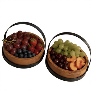 Tazón Redondo de Madera para Servir con Asa de Metal, para Frutas, Aperitivos, Frutos Secos, Nueces, Entradas y Decoración de Mesa - Product Image 1