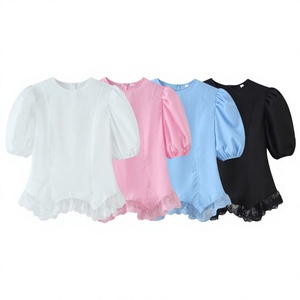 Blusa de Gasa para Mujer con Cuello Redondo, Manga Abullonada, Dobladillo de Encaje, Color Sólido, Manga Corta, Estilo Dulce, Top de Primavera/Verano - Product Image 4