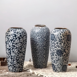 Vases de Sol Chinois Grands et Hauts Bleus et Blancs, Décoration d'Intérieur Vintage de Luxe pour Salon - Product Image 1