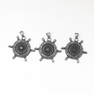 yunnique Stainless Steel <b>Ship</b> <b>Wheel</b> Pendant Necklace With Rhinestone Compass Design For Men And Women - Product Image 2
