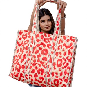Leopard Print <b>Straw</b> Tote <b>Bag</b> Bohemian Style Open Top <b>Summer</b> Beach Handbag - Product Image 2