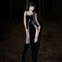 Dunkles Punk-Kleid mit hohem Schlitz, sexy Y2K Electronic Girl Harajuku Style Streetwear Damenkleidung, Corn Bandage Samt Partykleid