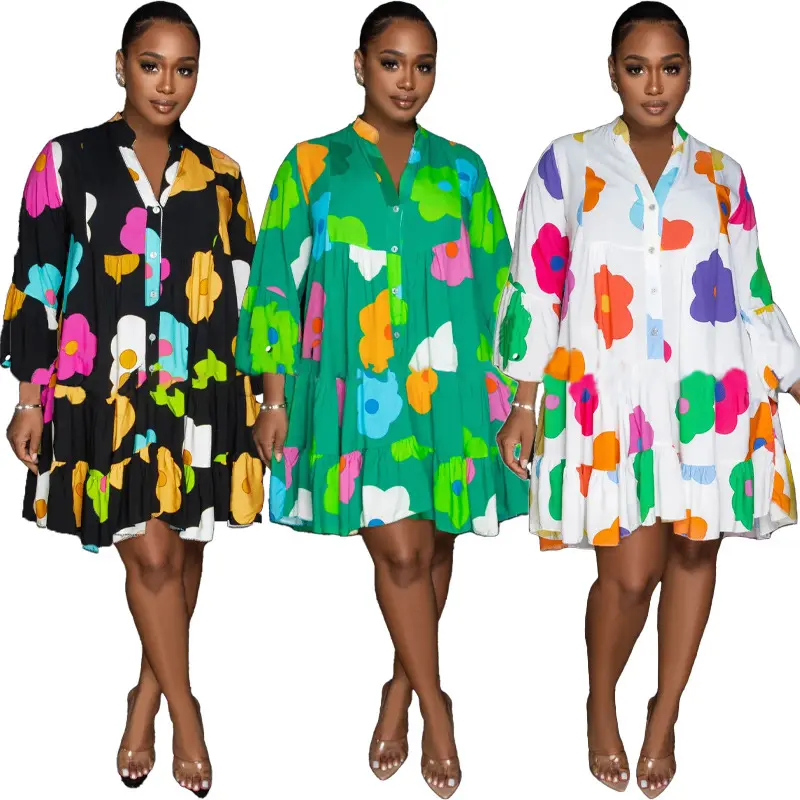 Fall 2023 Fashionable Colorful Floral Printed V-Neck Long Sleeved Large Swing Half Length Loose Casual Blouse Shirt Dress